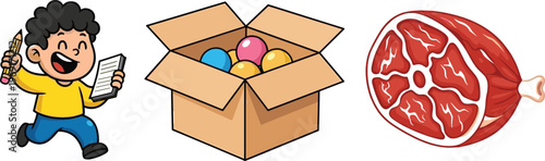 Cute cartoon boy shopping with grocery list alongside cardboard box of colorful balls and fresh raw meat steak food vector illustration set