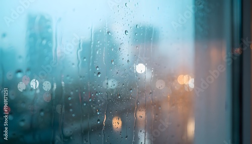 Water droplets on a glass window with blurred city street lights at night creating a peaceful rainy day atmosphere and cozy wallpaper