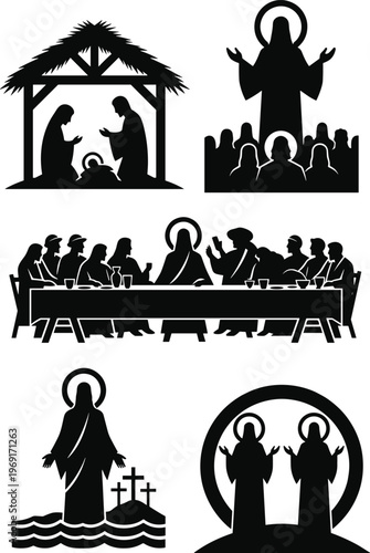 Christian biblical silhouettes collection showing nativity birth of Jesus, Christ preaching to crowd, Last Supper with disciples, baptism symbolism, and saints icons, religious vector illustration