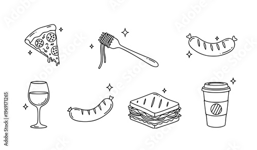 Trendy Food Doodle Collection Pizza Sandwich Coffee Vector Design