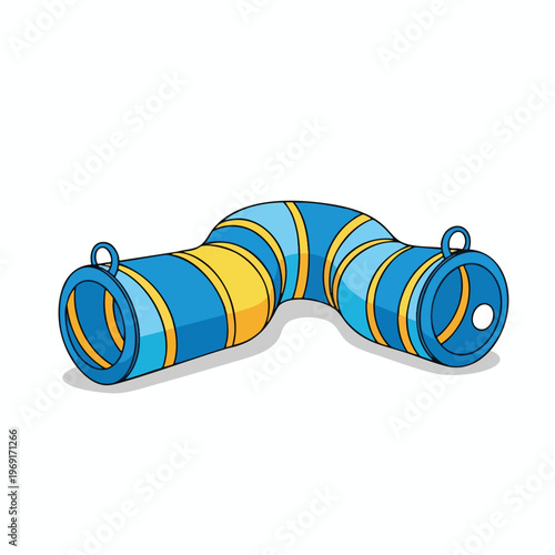A blue and yellow striped flexible tunnel with loops on each end