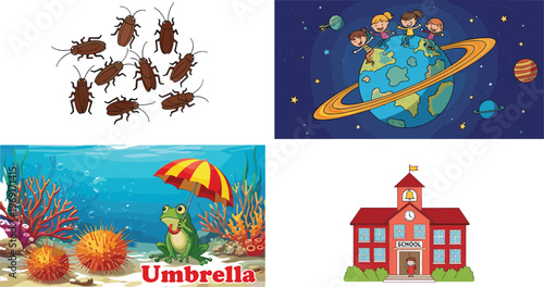 Vector illustration set with cockroach insects, kids around planet earth in space, underwater coral scene with umbrella frog, and school building
