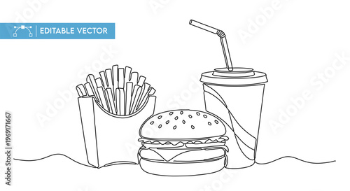 Continuous one-line drawing vector illustration of a delicious fast food burger meal combo design.