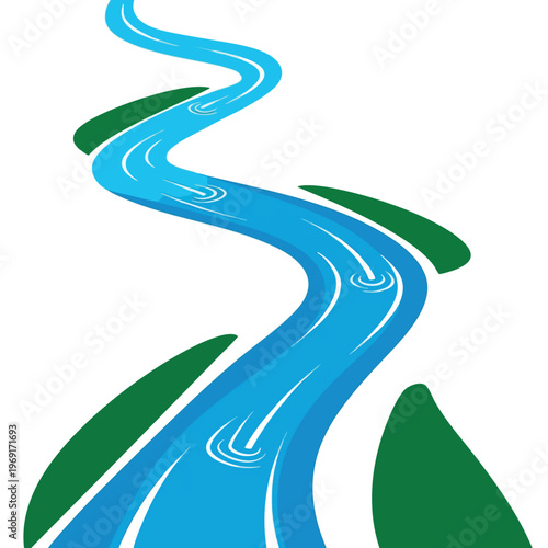 A winding blue river with white swirls flows through green landscape