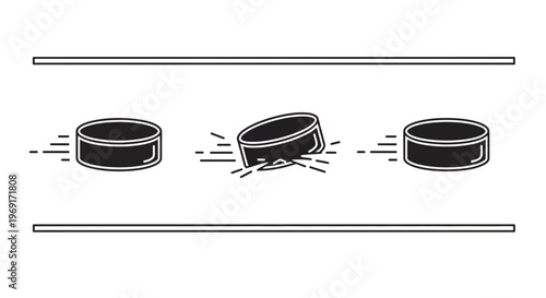 Dynamic black and white vector animation showcasing hockey puck speed, impact, and continuous motion