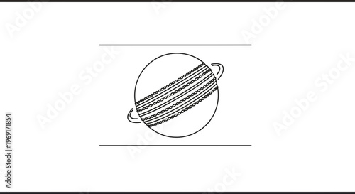 A stylized line art illustration combining a classic cricket ball with celestial rings, capturing