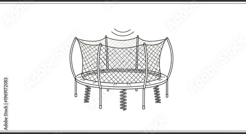 Line art illustration of a round backyard trampoline featuring a protective safety enclosure net