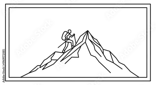Simple graphic depicting a determined individual ascending a rugged mountain range toward success