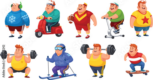 Overweight men doing sports activities including weightlifting, skiing, cycling, skateboarding, scooter riding and jogging funny cartoon fitness vector illustration set