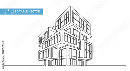 Modern architectural vector illustration of a unique building design with geometric forms and many windows.