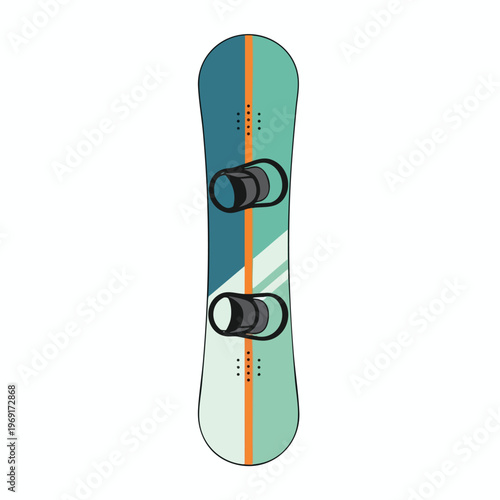 A teal and orange snowboard with black bindings and patterned design