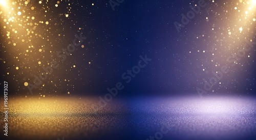 Mystical golden glitter bursts into a blue cosmic illuminated studio