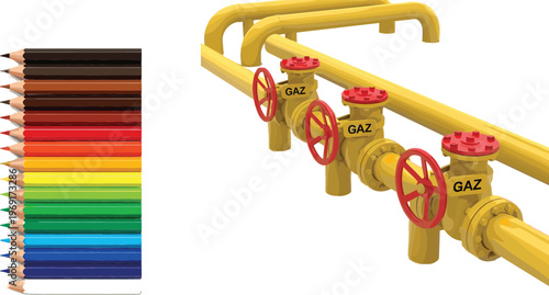 Colored pencils rainbow set and natural gas pipeline valves vector illustration with industrial gas control system