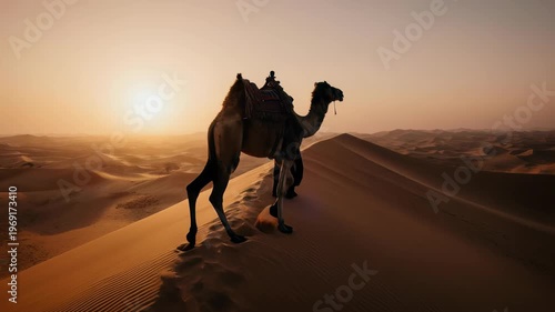 Camels walking on desert road sunset.