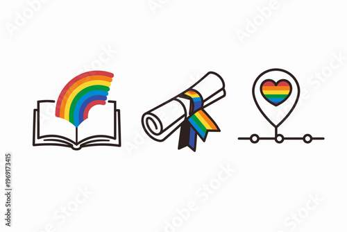 Pride Icons Open Book Diploma and Location Pin with Rainbow Heart LGBTQ+ Pride Month Rainbow Icon Se