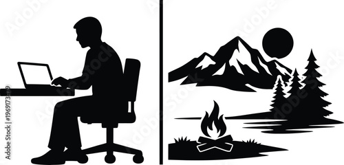 Man working on laptop dreaming of mountains and camping: work-life balance concept vector silhouette, digital nomad, and outdoor adventure illustration isolated on white.