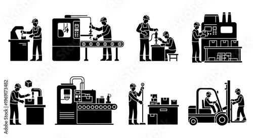 Factory Worker Scene Silhouette Industrial Manufacturing Process Vector Isolated on White