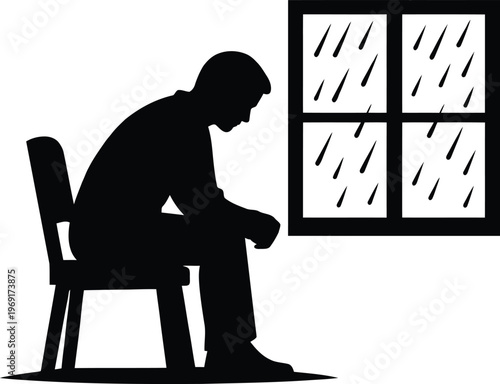 Sad man silhouette sitting on a chair looking out the window in rain: loneliness and depression concept vector illustration, emotional state and solitude icon isolated on white background.