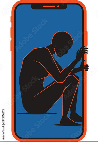 Man silhouette trapped inside a smartphone vector illustration, mobile phone addiction and digital isolation concept, mental health impact of social media isolated on a white background.