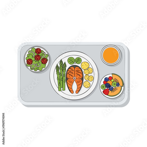 A tray with a healthy meal of salmon, asparagus, potatoes, salad, fruit, and juice