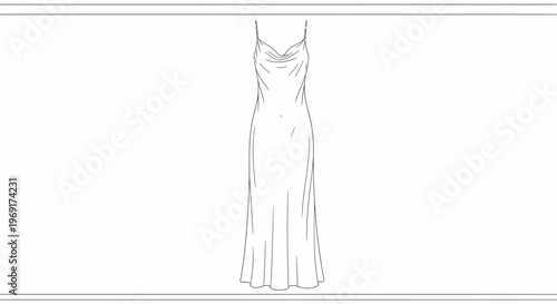Elegant long slip dress technical flat sketch with delicate cowl neck detail for fashion design
