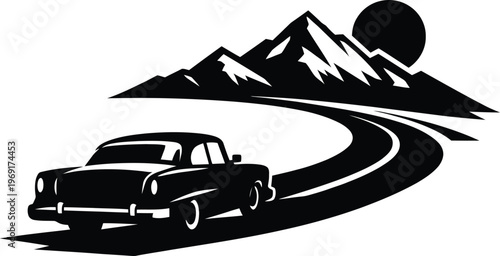 Vintage Classic Car Driving on Winding Mountain Road Silhouette Illustration