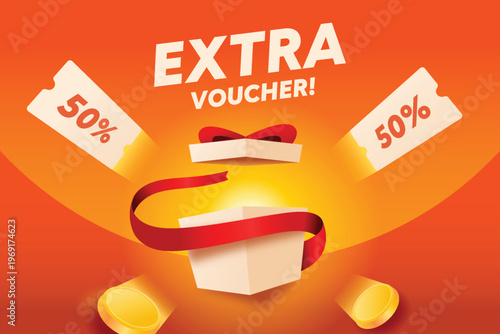 3d extra voucher opened gift box with flying coupon and money in orange background. 
