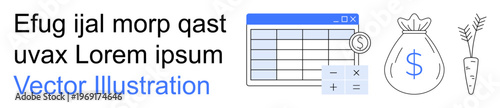 Budgeting, financial planning, cost management, data organization, agriculture finance, investment strategies. Spreadsheet and money bag with calculator and carrot icon. Budgeting and financial