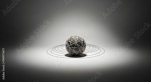 Abstract stone sphere wrapped in thin white threads centered within glowing concentric circles against a dark moody background for philosophical concepts