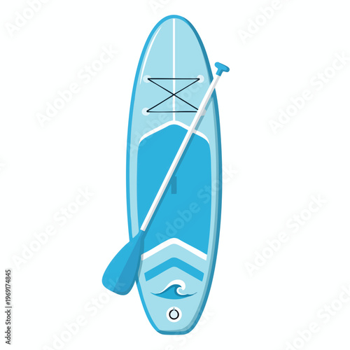 A blue stand-up paddleboard with a paddle, featuring a wave graphic