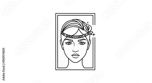 Minimalist line art portrait of a graceful woman featuring an intricate floral headpiece and