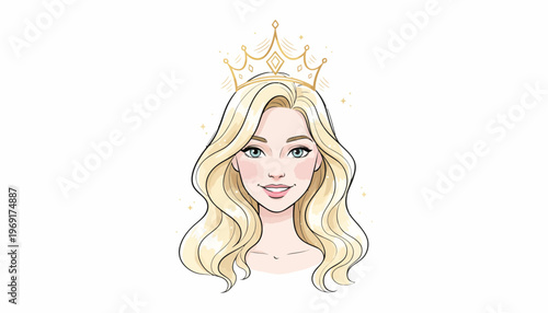 Charming blonde woman illustration with golden crown and sparkling aura, elegant youthful queen