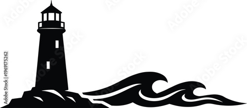 Minimalist lighthouse silhouette vector illustration with ocean waves and rocks; lighthouse icon isolated on white background for nautical logo and branding.