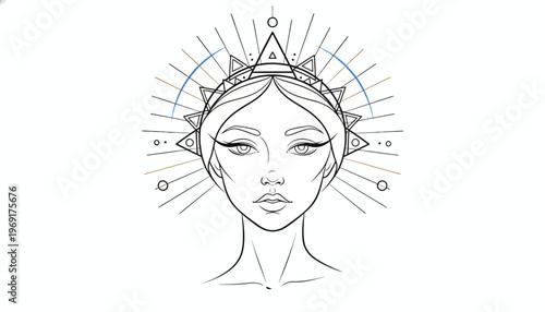 Enigmatic Female Face with Cosmic Geometric Crown Radiance Divine Feminine Symbolism Artwork