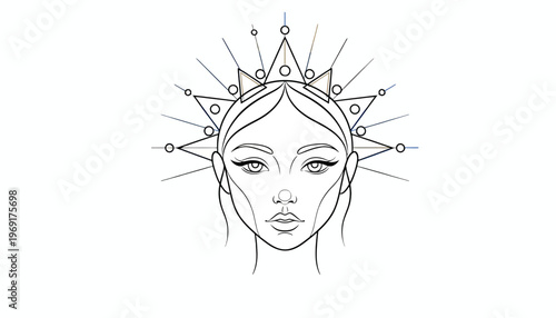 Elegant celestial woman portrait with intricate geometric halo and powerful aura