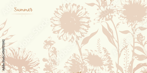 Delicate sunflowers and wildflowers create a soft summery botanical illustration