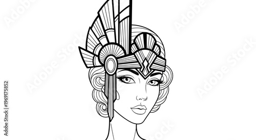 Captivating line art portrait of a woman adorned with a magnificent geometric headpiece