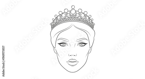 Elegant regal beauty line art illustration of a woman's face adorned with an elaborate royal crown