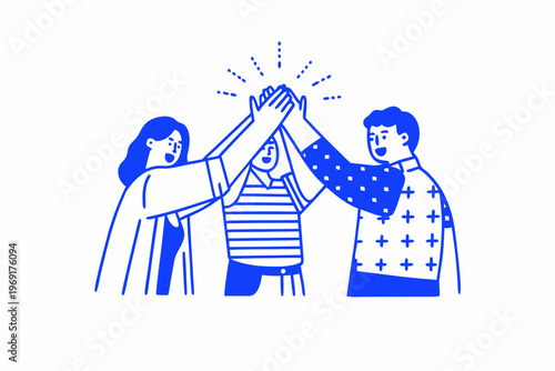 Celebratory high five between a group of diverse people in blue