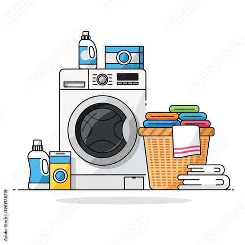 Laundry Day: Washing Machine, Detergent, and Clothes Basket with Towels