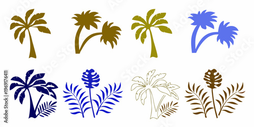 Stylized palm trees and tropical foliage in various shades of color