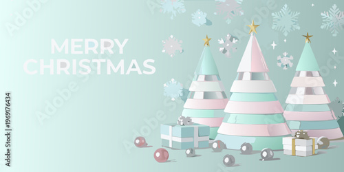 Festive christmas scene with paper trees gifts and falling snowflakes