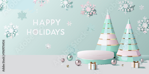 Festive holiday scene with stylized trees and falling snowflakes
