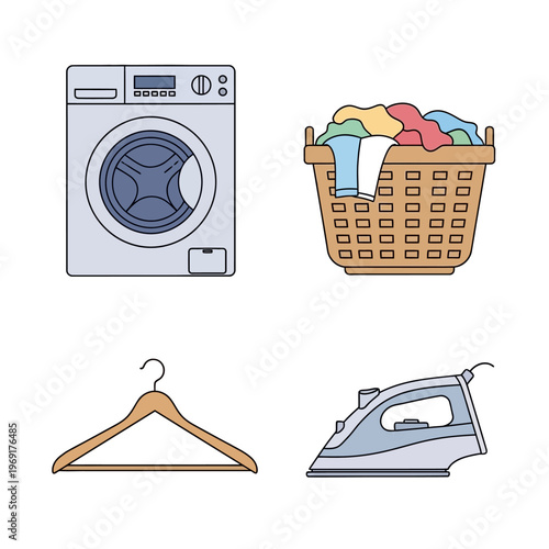 Laundry Essentials: Washing Machine, Basket, Hanger, and Iron - Flat Design Icons