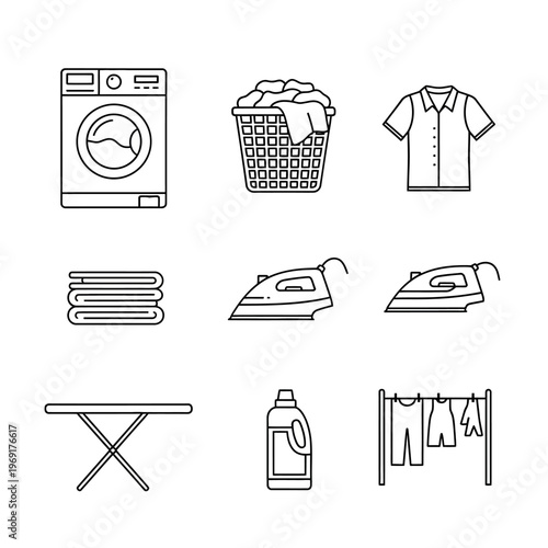 Laundry Icons Set: Washing Machine, Basket, Ironing, Clothes Drying, Detergent