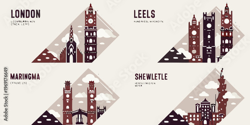 Stylized illustration featuring iconic landmarks and fictional city names