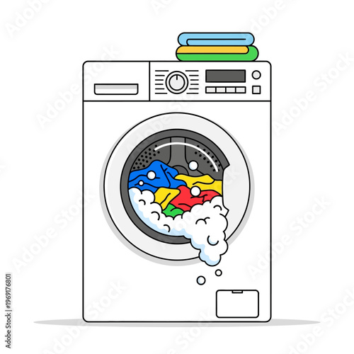 Washing machine with colorful clothes and foam, laundry day concept illustration.