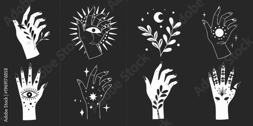 Mystical hands adorned with celestial and botanical elements in black and white