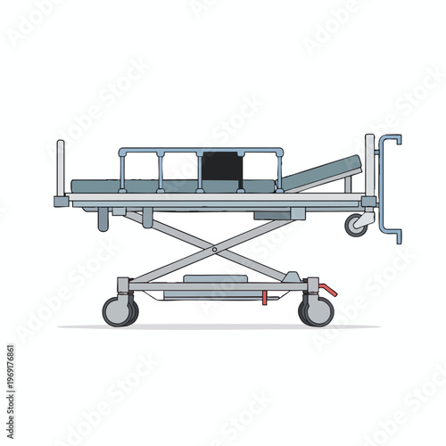 A detailed illustration of a medical stretcher with adjustable features and wheels
