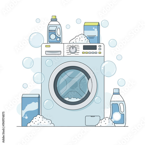 Washing Machine with Detergent and Bubbles - Laundry Care Concept